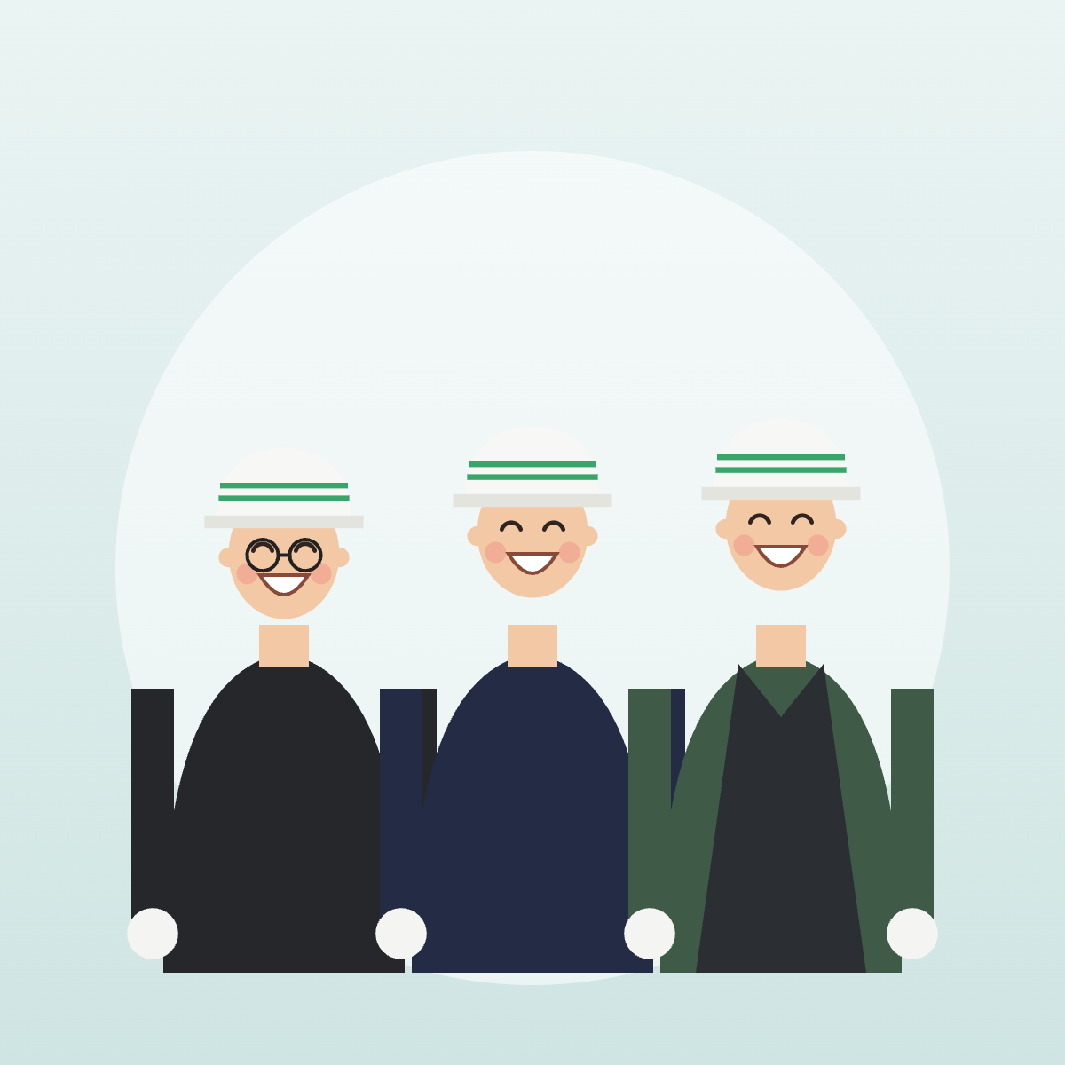 白いヘルメットをかぶった笑顔の3人の職人のイラスト